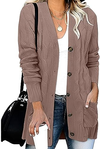 Gilet Femme Grande Taille Cardigan Femme Chic Et Elegant Manches Longues Mi Saison Gilet Casual Tricot Couleur Unie Cardigan Col en V Ouvert Pas Cher Pull Sweater avec Boutons Rose XXL