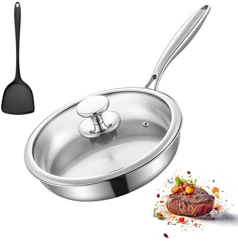Stainless Steel Frying Pan with Lid, 28cm Stainless Steel Pan with Shovel, Frying Pan for Searing & Sauteing, Cooking Pan, Stir Fry Pan, Even Heating Suitable for All Stovetops, Dishwasher