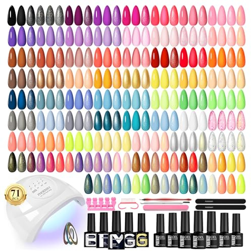 PHOENIXY Kit Uñas Semipermanentes Con Lámparas UV 55 Colors Esmaltes Semipermanentes Para Uñas 60 PCS Kit de Manicura Profesional Con 4 Capas Superiores de Efecto y Base Regalo Para Mujeres