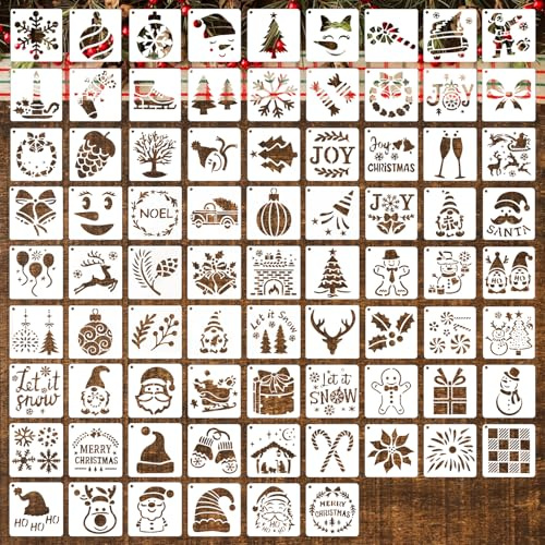 80 Piezas Plantillas Navidad, Pintar Plantilla Navideña para Manualidades DIY Artesanía Sténcil, Plantillas para Dibujar Papá Noel Árbol de Navidad estarcir Ventana Madera Reutilizables 6 × 6cm