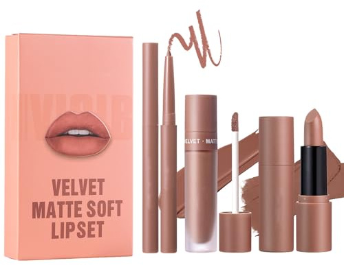 Matte Lipstick Set - 3PCS Nude Brown Long Lasting Lipliner Pencil - All-IN-One Lip Filler Lip Liner Set - High Pigmented Velvet Lipgloss Makeup Set for Women Girls,Liquid Lip Stick for Daily Makeup