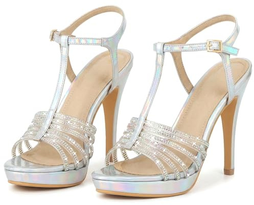 Perphy Rhinestone Strap Stiletto Strappy Heel Platform Sandals for Women Silver 5 UK/Label Size 7 US