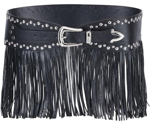 CALFOVERA Cinturón Negro con Flecos de Piel Sintética Ajustable, Estilo Gótico, Punk, Bohemio, Vintage, con Borlas Y Tachuelas, para Faldas Cortas, para Fiestas de Halloween, Bailes, Disfraces