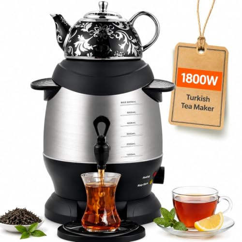 1800W Elektrisk turkisk tekokare Samovar, 5L Vattenkokare i rostfritt stål & 1L Tekanna i keramik, Håll varm-funktion för turkiskt te, kaffe & örtte black