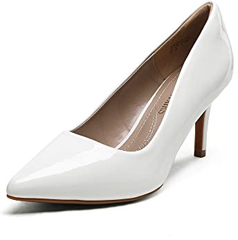 DREAM PAIRS Women's Slip On Low Mid Heels Pointed Closed-Toe Dress Court Shoes KUCCI,Size 8,White/pat,KUCCI