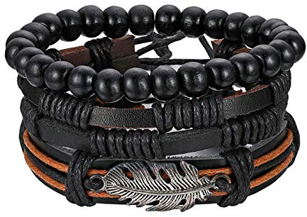 JewelryWe Schmuck 3PCS Leder Armband Set Vintage Feder Blatt geflochten Lederarmband Verstellbar Kordelkette Holzperlen Buddhistisches Armreifen handgefertigt Manschette für Herren Damen