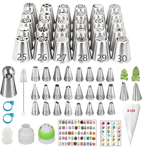 ANSLYQA Russian Piping Tips Set, 166 Pcs with 30 Numbered Russian Tips, 24 Numbered Icing Tips, 1 Ball Tip, 2 Leaf Tips, Pattern Chart, 3 Couplers, 100 Pastry Bags & More for Cake Cupcake Decorating