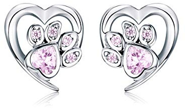 Cute Puppy Dog Cat Paw Print Stud Earrings S925 Sterling Silver Lovely Pink Crystal Clear CZ Endless Love Heart Earring Studs Hypoallergenic Jewelry Gifts for Pet Lovers Girls Women