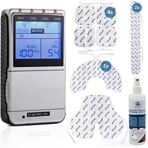 TENS EMS STIM-PRO X9+ 4 Kanäle Kombigerät im Set mit 8 Stk 5x5 cm, Spezial Elektroden-Pads & Kontaktspray - Schmerztherapie, Muskelaufbau & Massage - in einem - zertifiziertes Medizinprodukt axion