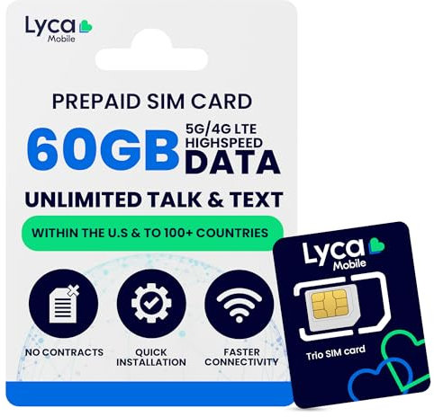 Lycamobile 30 Tage Prepaid-SIM-Karte für Mobiltelefone, 60 GB Highspeed-4G-LTE/5G-Daten, Internationale Gespräche und SMS in über 100 Länder, schnelle Aktivierung, 3-in-1-Dreifachschnitt