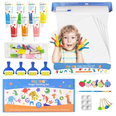 Funto Waschbares Fingerfarbe Set, Ungiftige Fingerfarben für kinder Kunstmalbedarf, einschließlich Fingermalpapierrolle, Fingerfarben, Aufbewahrungstasche, Pinselset