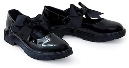 BloomFashion® Girls Mary Jane Back to School Patent Black Shoes Toddler Kids Comfortable Anti-Slip Uniform Flat Shoes with Detachable Bow On Strap 5uk