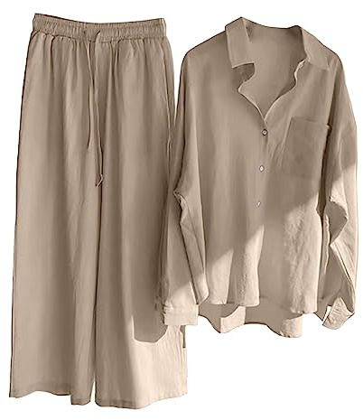 Tvådelad dräkt i ledig stil för damer, byxor och skjorta, bekväm outfit i retrostil, perfekt för vardag, plusstorlek, bomullstyg med knappar, hög midja, lös passform, fickor, byxdress