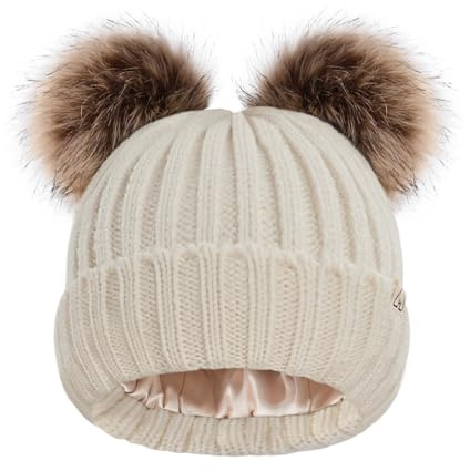 Hat Hut Satin Lined Beanie for Baby Winter Hats for Kids Toddler Double Bobble Hat Pom Pom Beanie for Boys Girls (B2-Beige 2 Poms)