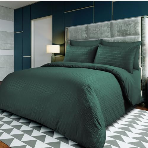 Linen Home Seersucker - Juego de funda de edredón para cama doble, color verde botella con 2 fundas de almohada, juego de ropa de cama de microfibra suave (verde botella, doble)