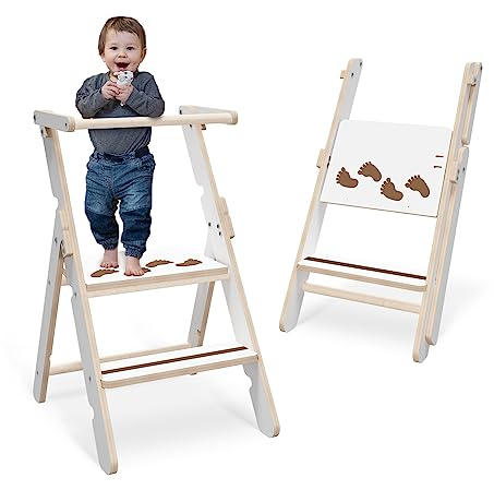 CAWI® Lernturm Klappbar aus Holz, Learning Tower, Lernstuhl für Kinder, Küchenturm und Küchenhelfer, Lerntower, Hochstuhl Tritthocker ab 1 Jahr ab 2/3 Jahre, Montessori