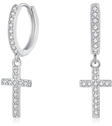 Cangall Silver Hoop Earrings for Women, 925 Sterling Silver Cross Drop Hoop Earrings, CZ Simple Cute Cartilage Silver Dangle Earrings, Sleeper Dangle Hoop Earrings Silver with Cross Charm for Girls