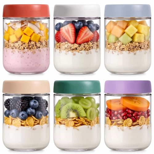 Airtight Pickling Glass Jar 6Pack Leakproof Overnight Oats Mason Jar 17.5Oz | Reusable Clear Salad Oatmeal Container with Lid for Pickle Yogurt Salad Cereals Milk Fruit Condiment Dressing Sauce Snacks