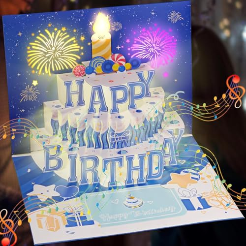 Deecam Tarjeta de cumpleaños con música y luces, tarjeta emergente Feliz cumpleaños en 3D, conjunto de tarjetas de cumpleaños con velas soplables y sobre, regalo para mujer, hombre, mejor amiga, niñ
