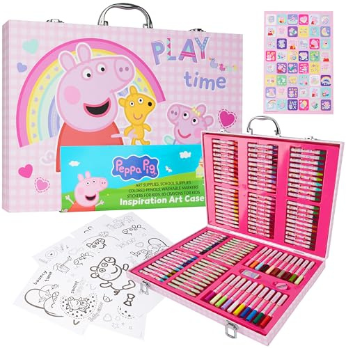 Peppa Pig Malkoffer Kinder Set, 137-Tlg. Buntstifte, Bleistifte, Wachsmalstifte, A4 Malpapier, Radiergummi & Mehr, Peppa Wutz Geschenke für Kinder
