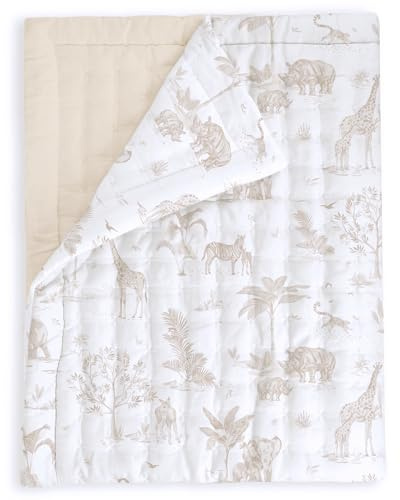 MakeMake Organics Organic Toddler Comforter GOTS Certified Organic Kids Blanket Cotton Infill Tufted - Reversible Ultra Soft Breathable Boys Girls (44x60, Safari + Solid Oat)