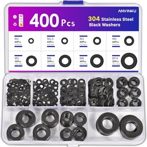 400PCS Black Washers for Screws, ANVINKU Stainless Steel Washer for Bolts, 8 Sizes Assorted Washers M2 M2.5 M3 M4 M5 M6 M8 M10, Metal Washer Assorted for Repair