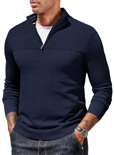 COOFANDY Mens Jumper Quarter Zip Knitted Sweaters Dark Blue L