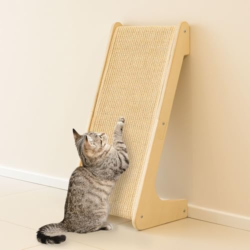 PETKARAY Griffoir pour Chat en Forme de L, 64 cm, Poteau à Griffer en Sisal Naturel, Montage Mural ou au Sol, Protection de Meubles avec Herbe à Chat, Design Classique