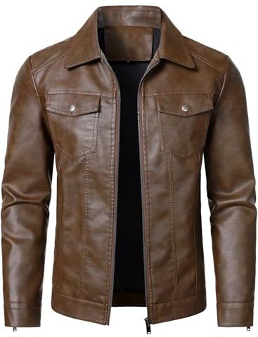 HOOD CREW Men's Motorcycle Biker Jacket- Lightweight Faux Leather Jacket for Casual Wear | Classic Collar, Multiple Pockets
