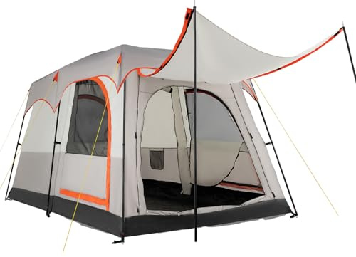 SPOTRAVEL 6 Person Camping Tent, Double-Layer Dome Tent with Rainfly, 2-Room Divider, PE Tarp, Mesh Roof/Window/Doors & Carrying Bag, Outdoor Large Waterproof Windproof Family Tent, Easy Setup (Grey)