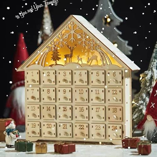 Calendrier de l’Avent en bois avec lumières LED, 24 Tiroirs à remplir, 2025 DIY Calendrier de L'Avent, Décoration de Noël en Bois, Calendrier de l’Avent à Remplir Soi-même pour Enfants (A)