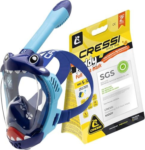 CRESSI Kiddy Kids Full Face Mask Azure/Blue/Blue White - Speziell für Kinder entwickelte Vollmaske, beschlagfrei, Auslassventil und Dry Schnorchel, Hellblau/Blau/Blau