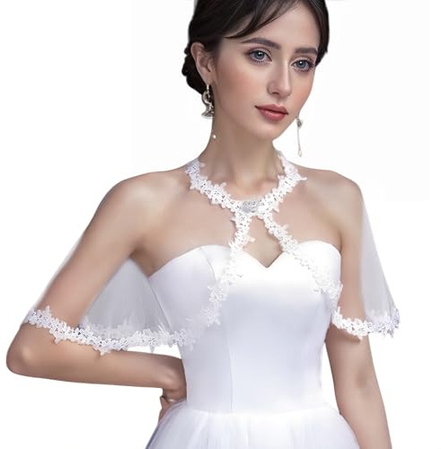 NICENEEDED Lace Shawl Wraps For Women, Floral Bolero Shrugs Shoulder Cover Wedding Bridal Cape with Rhinestone Buckle, White Short Shawl Cloak for Evening Dresses Formal