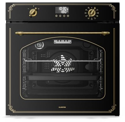 Klarstein Victoria Pyro Forno da Incasso 60 cm - 76L, 11 Funzioni, Pirolitico, Classe A, Design Retrò, Forno Elettrico Ventilato, Pulizia Facile, Manopole Dorate, Nero