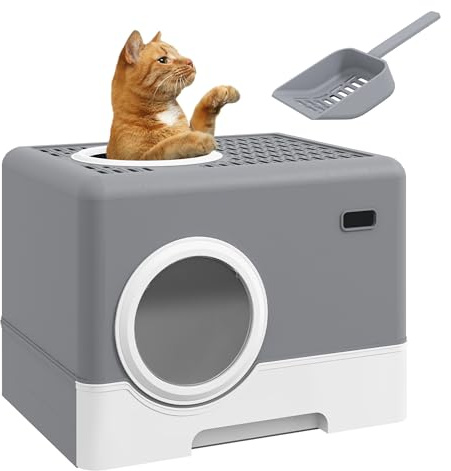PawHut Arenero para Gatos Cubierto, Caja de Arena para Gatos con Bandeja Extraíble, Entrada Frontal y Salida Superior, Pala, Fácil de Limpiar, Antifugas, Gris
