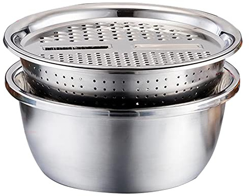 Rallentatore per lavandino da cucina polifunzionale 3 in 1 Affettatore Tritatore Tagliatore Acciaio con Coperchio Ciotola Colandrina Lavaggio Riso Mescolaggio Pasta Impasto