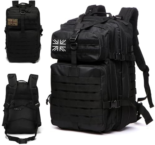 ChioSun 45L Military Tactical Backpack,Large Rucksack for Men & Women,Black | Molle Backpack with 3 Flag Patches, 3 Day Bug Out Bag Laptop Bag for Hiking Treeking Travelling Hunting Rucksack