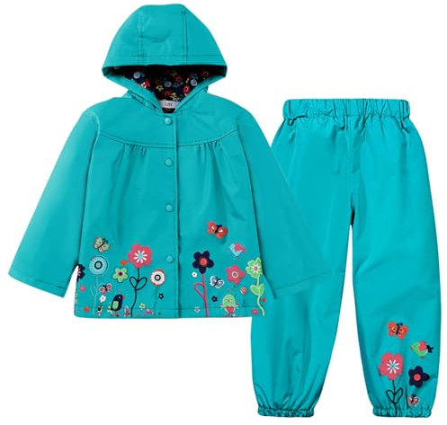 LZH Bambino Impermeabile Ragazza Pioggia Giacca con Cappuccio + Pantaloni Set,Blue,2-3 anni （100）