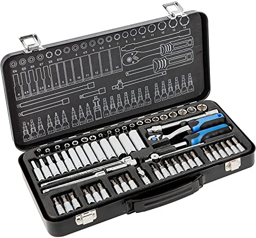 Högert Technik - Werkzeugset Steckschlüssel, Bits und Ausstattung 1/4” Chrom-Vanadium-Legierungsstahl I Gesenkgeschmiedet I Ratschenmechanik mit 72 Sperrklinken I HT1R486-63-tlg