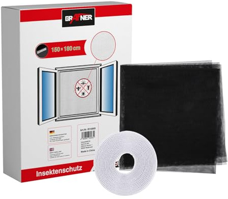 Grafner Insektenschutz für Fenster, verschiedene Größen und Farben, individuell zuschneidbar, incl. selbstklebenden Klettband, ohne Bohren, 180 x 150 cm schwarz Fliegen Gitter Mücken Schutz