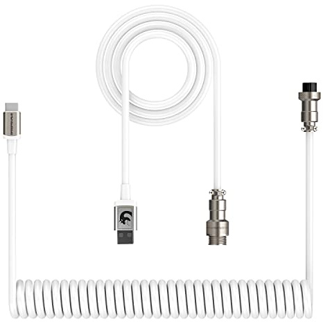 XINMENG G213 Pro Gamingtangentbordskabel, TPU, utdragbar spiralkabel, USB-C, Typ-C till USB-A, med avtagbar metall-Aviator-kontakt för mekaniskt gamingtangentbord, telefon eller bärbar dator – vit
