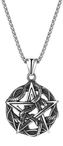 JewelryWe Smycken halsband män pentagram wicca orm stjärna satanic amulett lyckobringare hänge rostfritt stål traditionell sigill av Solomon kedja för män pojkar silver, Rostfritt stål