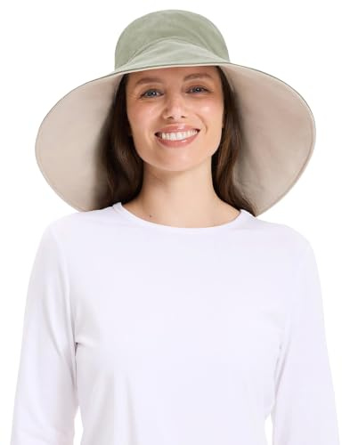 Solbari Ultra Wide Cotton Linen Hat - UPF50+ Packable UV Sun Protection Hat with Large Brim and Detachable Strap, Sage/Beige, Large - X-Large