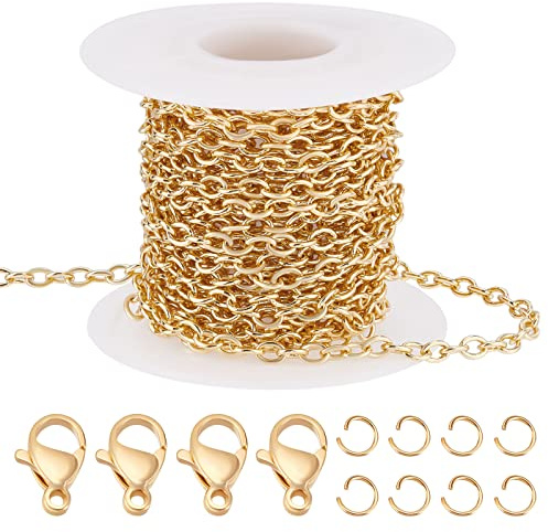 Beebeecraft Catene Portacavi In Ottone Da 16.4 Piedi Catena A Maglie Ovali Piatte Placcate In Oro 18K con 20 Chiusure A Moschettone e 50 Anelli di Salto per Creazione di Braccialetti Orecchini Collana