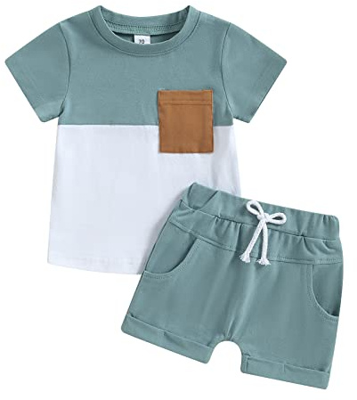Carolilly - Conjunto de ropa para bebé y niño de verano de 2 piezas, camiseta de manga corta a rayas con bolsillo + pantalones cortos con cintura elástica con bolsillos, azul y blanco, 2-3 Años