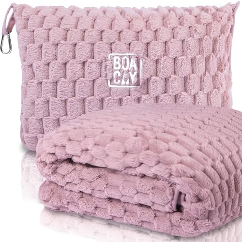 BOACAY Manta de Viaje Plegable para Avión, Automóvil - Manta de Oficina Compacta - Almohada Portátil para Adultos, Niños con Funda, Manga para Equipaje, Clip para Mochila