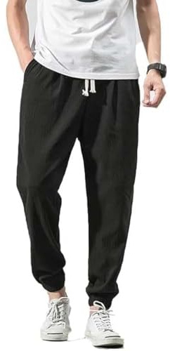 TOQVTOO Casual Pants for Men Linen Japanese Pants Cotton Elastic Waist Comfy Beach (Black,Medium)