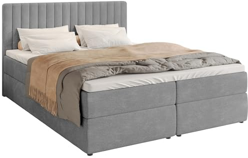 BROMARKT Boxspringbett mit Bettkasten Polsterbett mit Bonell-Matratze und Topper Doppelbett mit Stauraum Bett für Schlafzimmer gepolstertes Kopfteil Dream 180x200 Härtegrad H3 Flachgewebe Hellgrau
