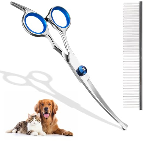 Fellschere für Hunde und Katzen, Gebogene Schere Hundeschere Set Profi Runder Grooming Schere, Haustier Kamm, aus robustem Edelstahl (Blau)
