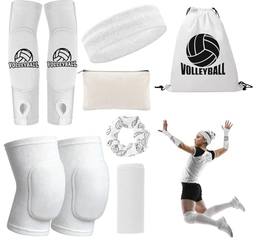 Volleyball Knee Pads Volleyball Arm Sleeves, UMACWIN Volleyball Accessories Set with Knee Pads Arm Pads Sweatband Scrunchie Makeup Bag Cooling Towel and Drawstring Bag for Women Girls